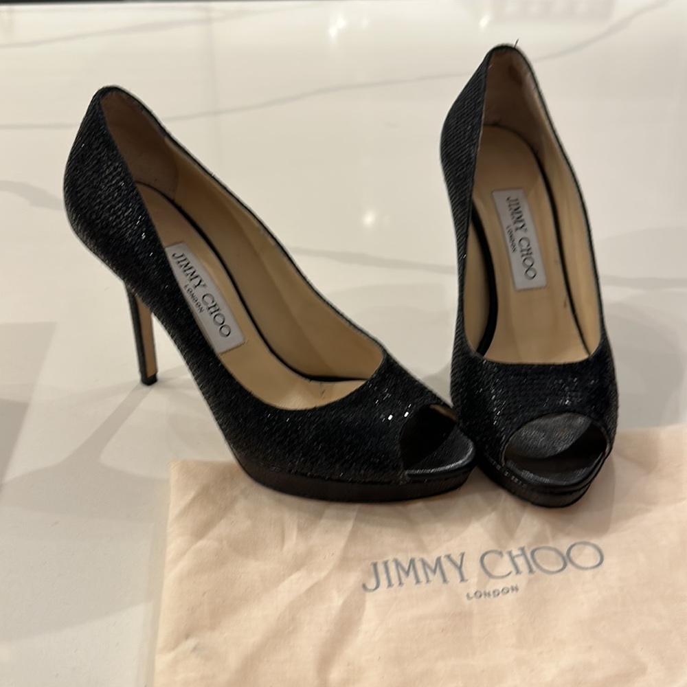 Jimmy choo Luna glitter black fabric heels